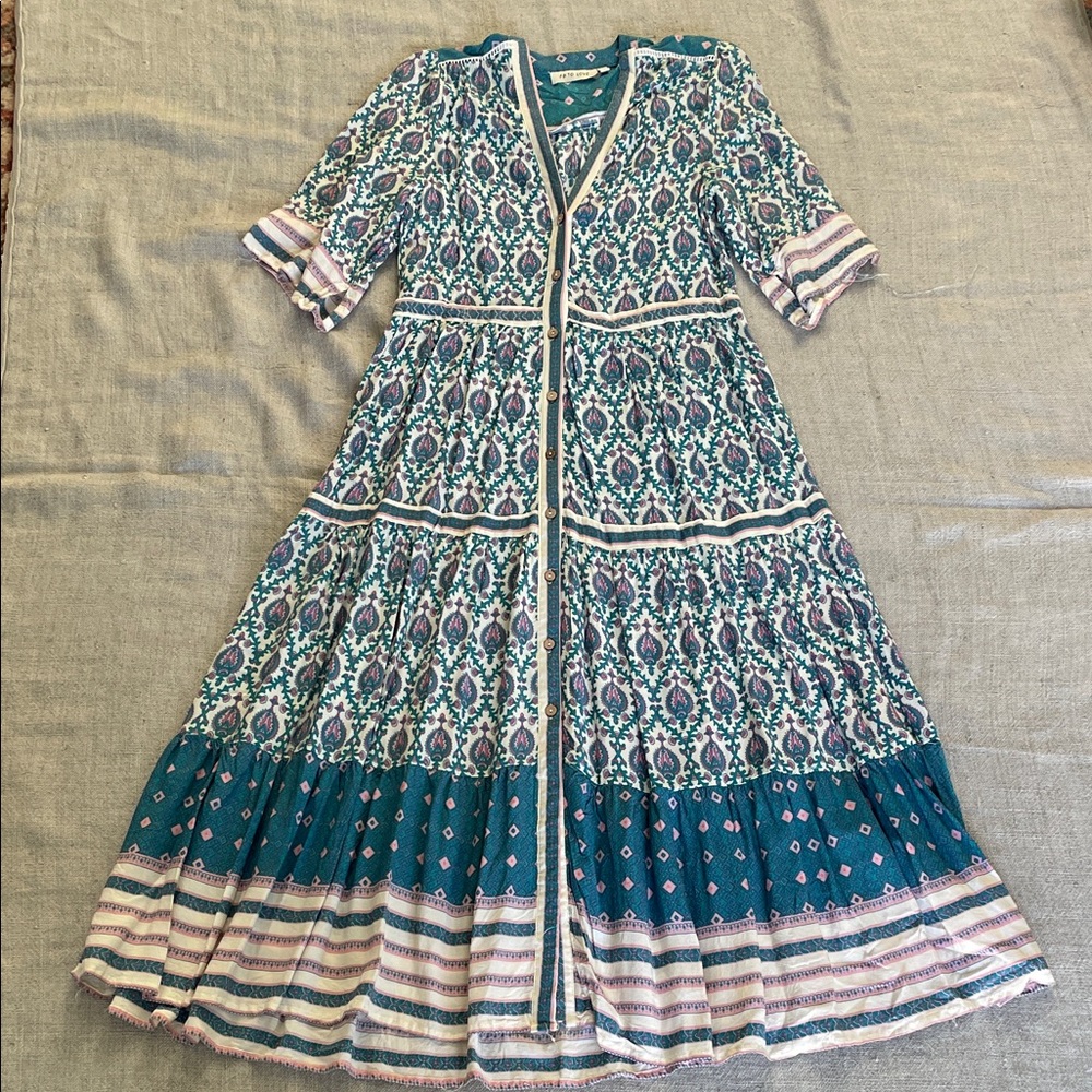 Boho Teal Patterned Button-Front Midi Dress